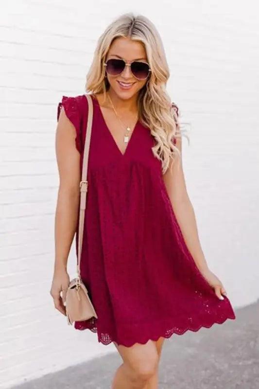 Lace Dresses With Pocket Summer Sleeveless Jacquard Cutout V-neck Beach Dress - Trendy Mix