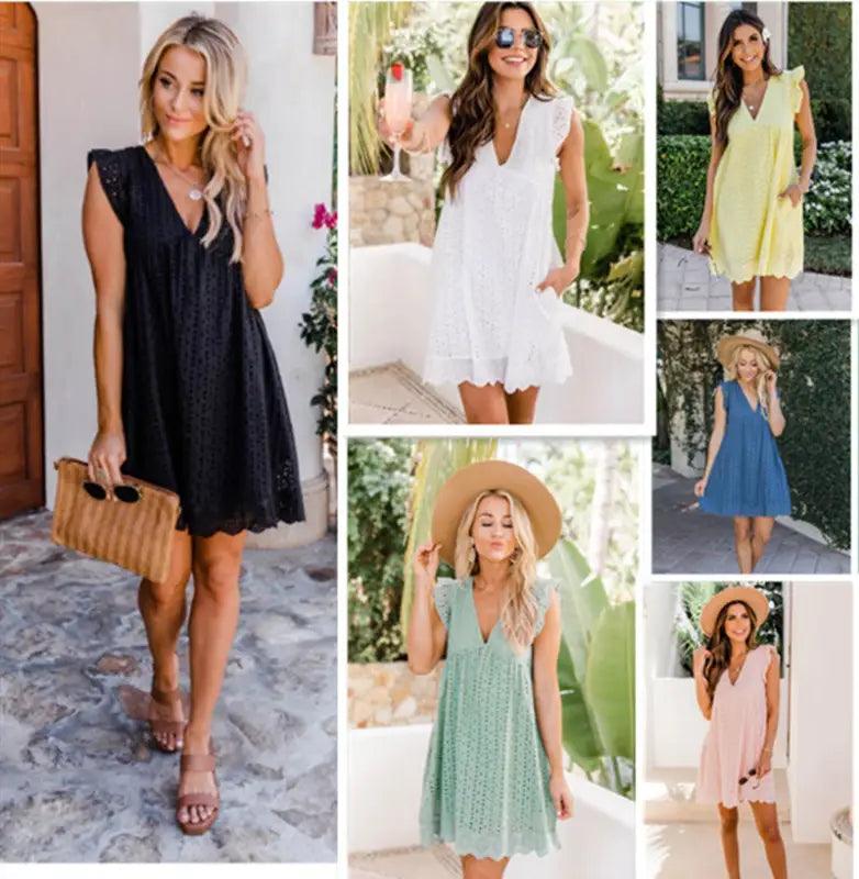 Lace Dresses With Pocket Summer Sleeveless Jacquard Cutout V-neck Beach Dress - Trendy Mix