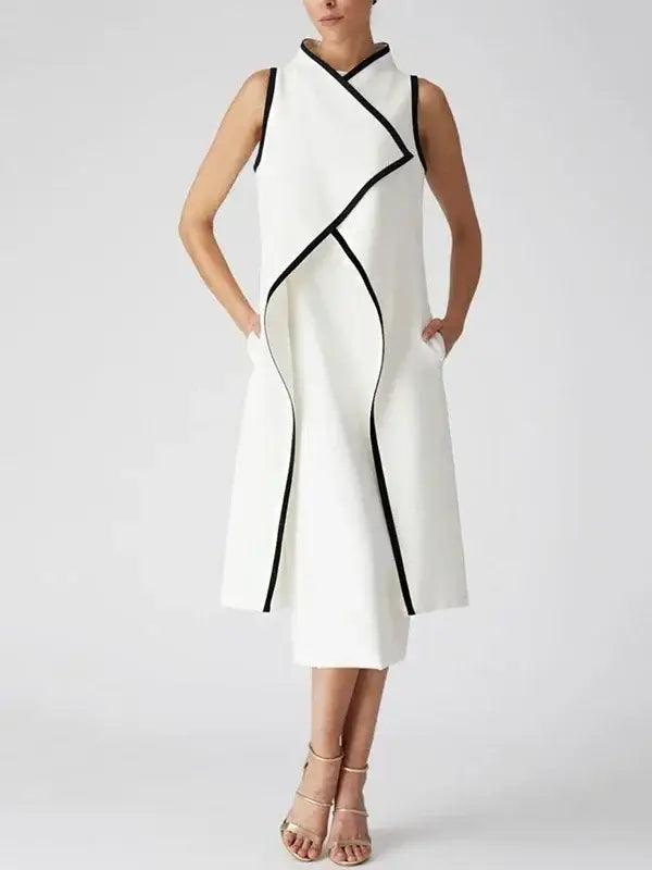 Lemongor Office Lady Elegant Formal White Dress 2024 New Summer Sleeveless Solid Color False Two Pieces Evening Midi Dresses - Trendy Mix