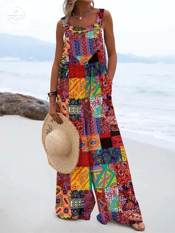 Vibrant Digital Print High-Waist Jumpsuit - Trendy Mix