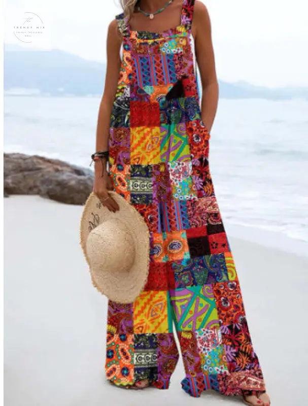 Vibrant Digital Print High-Waist Jumpsuit - Trendy Mix