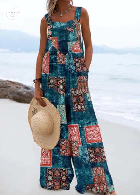 Vibrant Digital Print High-Waist Jumpsuit - Trendy Mix