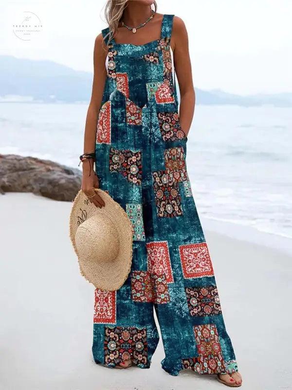 Vibrant Digital Print High-Waist Jumpsuit - Trendy Mix