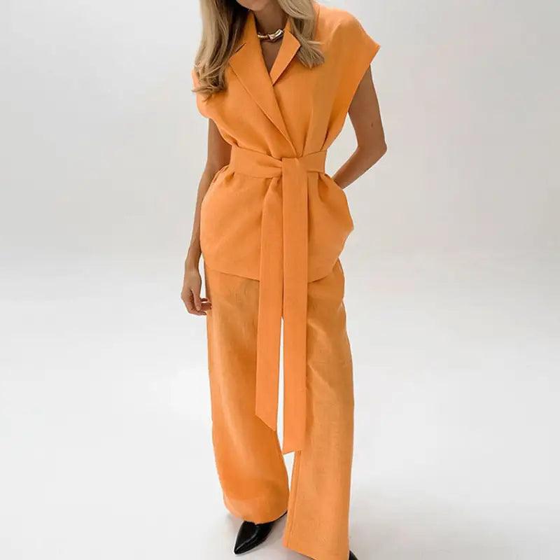 Orange Sleeveless Lace-up Shirt Two-piece Set For Women - Trendy Mix