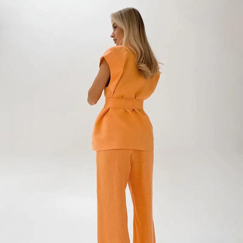 Orange Sleeveless Lace-up Shirt Two-piece Set For Women - Trendy Mix