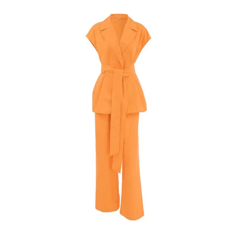 Orange Sleeveless Lace-up Shirt Two-piece Set For Women - Trendy Mix