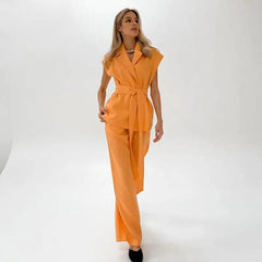 Orange Sleeveless Lace-up Shirt Two-piece Set For Women - Trendy Mix