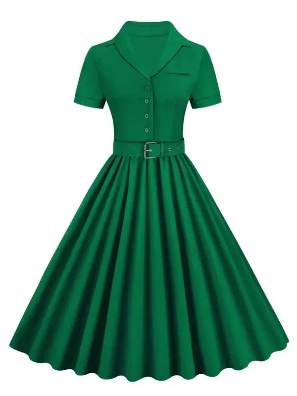 Pink Solid Cotton Long Button Up Plain Vintage Elegant Women Short Sleeve Belted Pleated Midi Swing Dresses - Trendy Mix