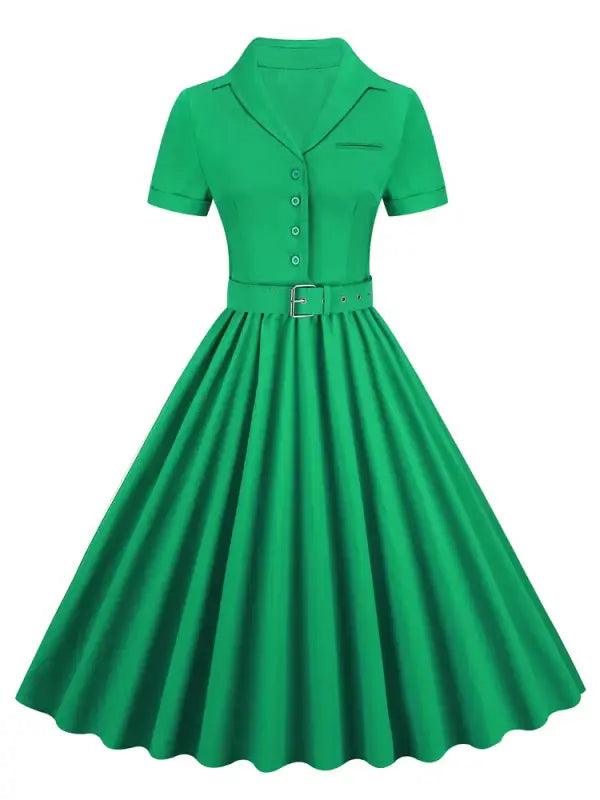 Pink Solid Cotton Long Button Up Plain Vintage Elegant Women Short Sleeve Belted Pleated Midi Swing Dresses - Trendy Mix