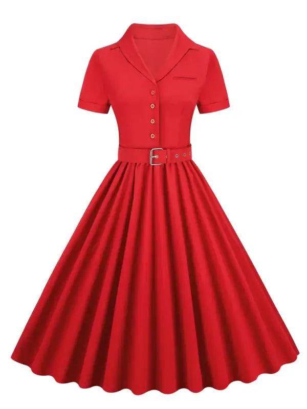 Pink Solid Cotton Long Button Up Plain Vintage Elegant Women Short Sleeve Belted Pleated Midi Swing Dresses - Trendy Mix