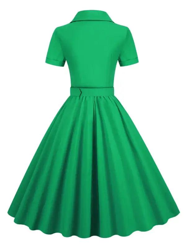 Pink Solid Cotton Long Button Up Plain Vintage Elegant Women Short Sleeve Belted Pleated Midi Swing Dresses - Trendy Mix