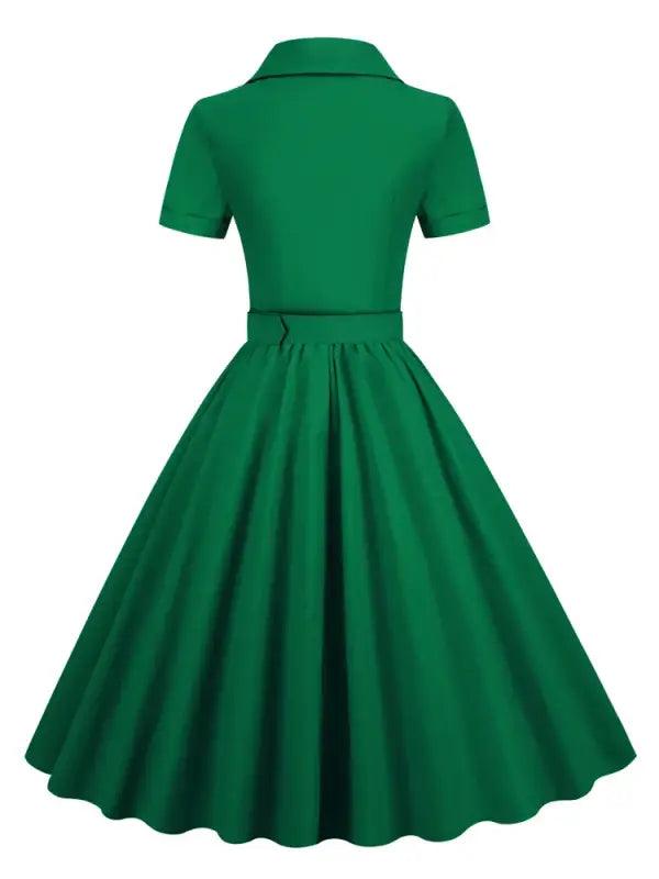 Pink Solid Cotton Long Button Up Plain Vintage Elegant Women Short Sleeve Belted Pleated Midi Swing Dresses - Trendy Mix