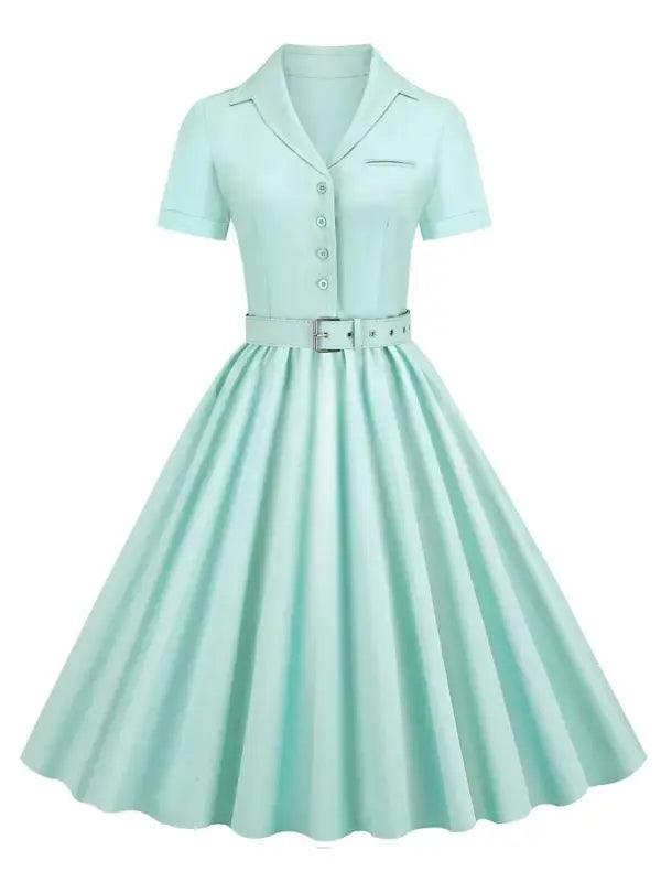 Pink Solid Cotton Long Button Up Plain Vintage Elegant Women Short Sleeve Belted Pleated Midi Swing Dresses - Trendy Mix