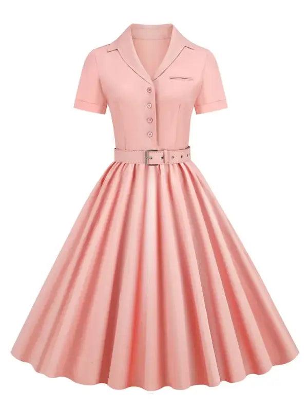 Pink Solid Cotton Long Button Up Plain Vintage Elegant Women Short Sleeve Belted Pleated Midi Swing Dresses - Trendy Mix