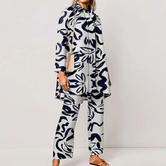 Printed Loose Long Sleeves Wide Leg Pants Fashion Suit - Trendy Mix