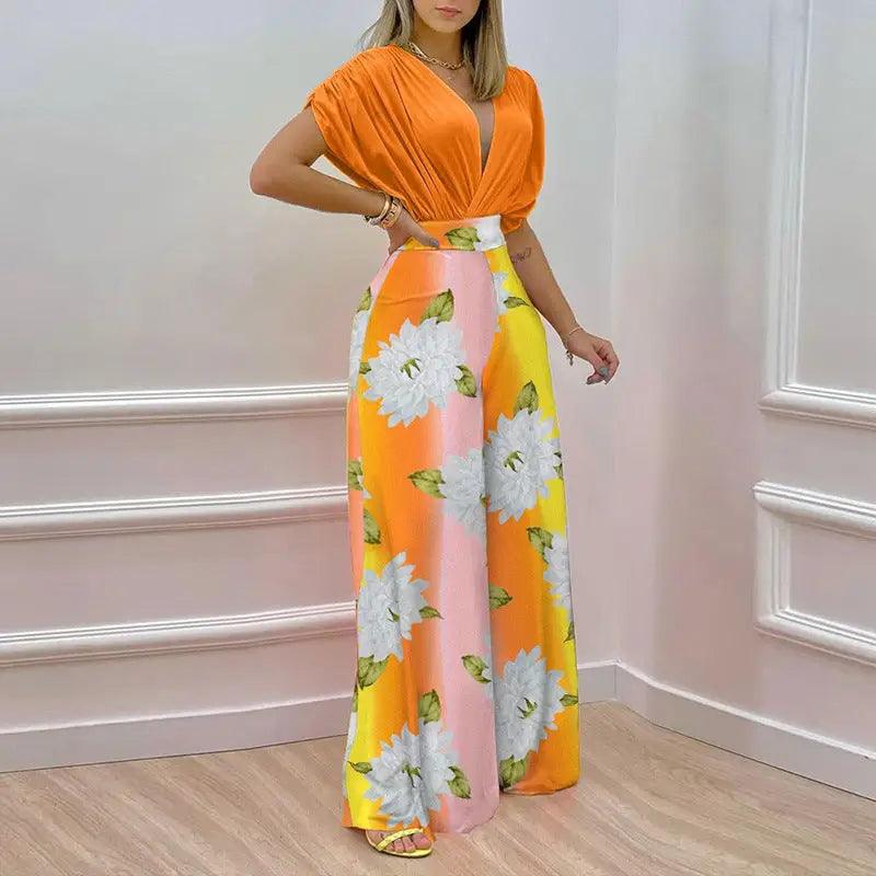 Printed Loose Long Sleeves Wide Leg Pants Fashion Suit - Trendy Mix