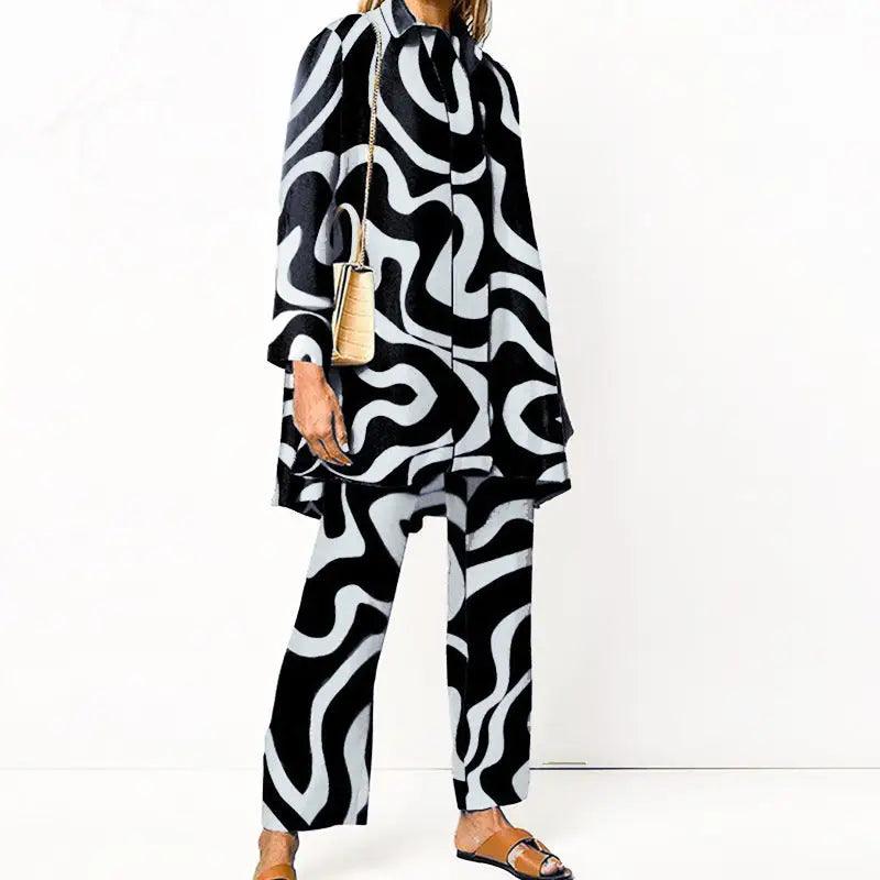 Printed Loose Long Sleeves Wide Leg Pants Fashion Suit - Trendy Mix