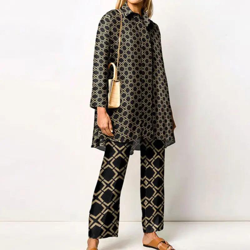 Printed Loose Long Sleeves Wide Leg Pants Fashion Suit - Trendy Mix