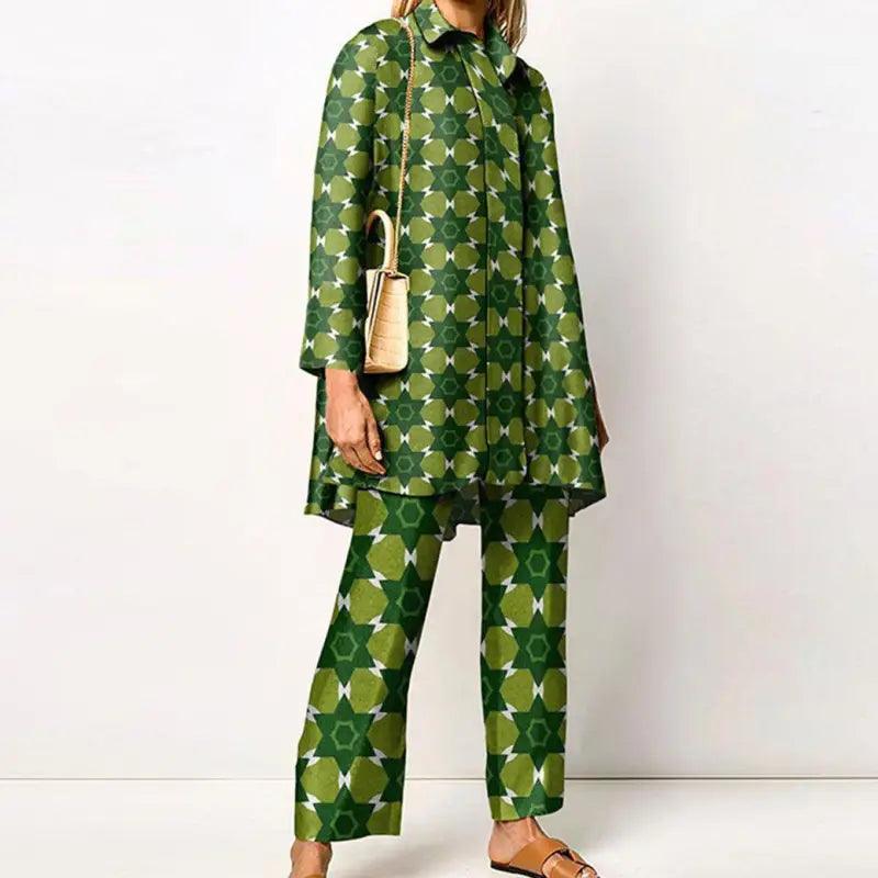 Printed Loose Long Sleeves Wide Leg Pants Fashion Suit - Trendy Mix