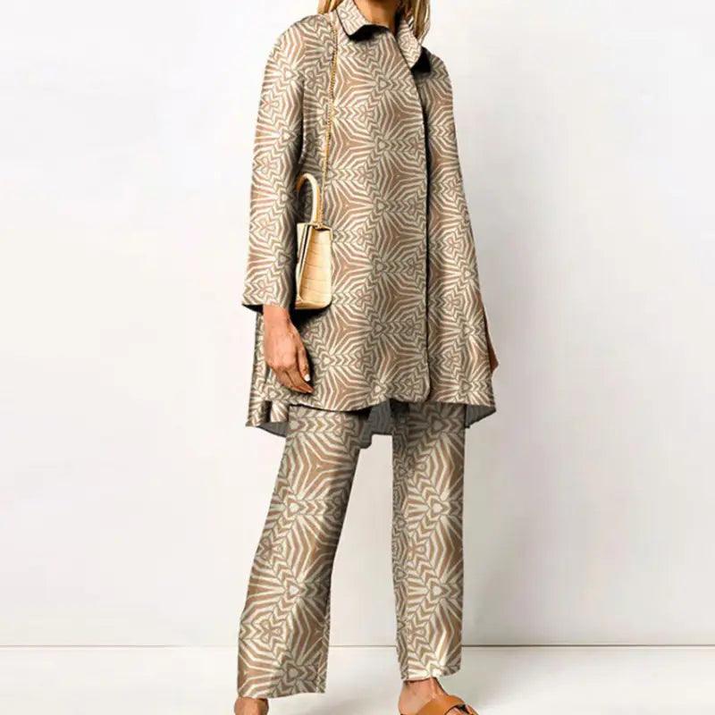 Printed Loose Long Sleeves Wide Leg Pants Fashion Suit - Trendy Mix