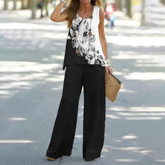 Printed Sleeveless Top And Straight Pants Two-piece Set - Trendy Mix