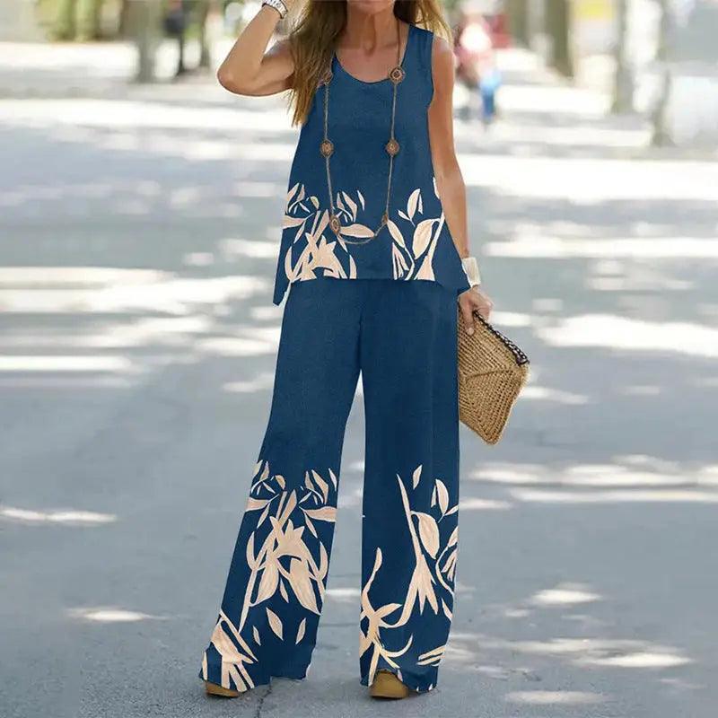 Printed Sleeveless Top And Straight Pants Two-piece Set - Trendy Mix