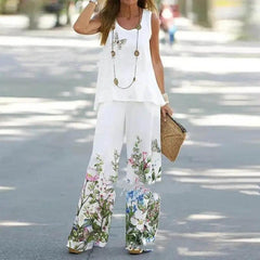 Printed Sleeveless Top And Straight Pants Two-piece Set - Trendy Mix