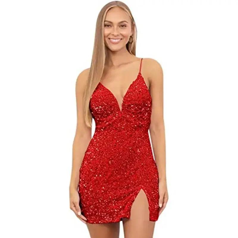 Radiant Rose Red V-neck Mini Cocktail Dress - Trendy Mix