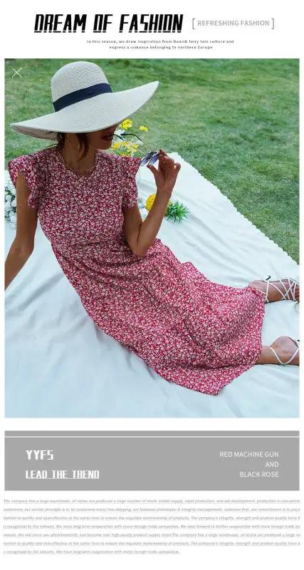 Retro Europe And America High Waist Round Neck Floral Dress - Trendy Mix