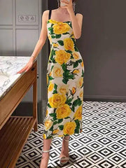 Retro Floral Drop Shoulder Halter Dress - Trendy Mix