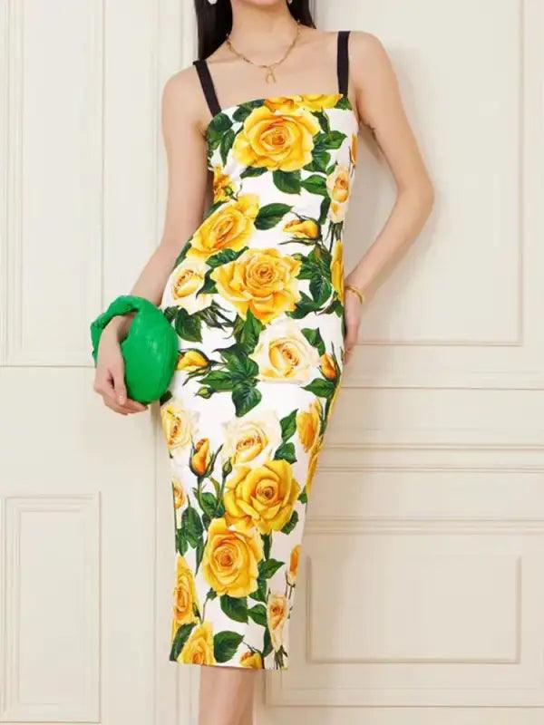 Retro Floral Drop Shoulder Halter Dress - Trendy Mix