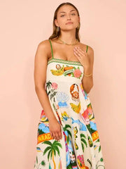 Sexy Sling Graffiti Polyester Printing Large Swing Dress - Trendy Mix