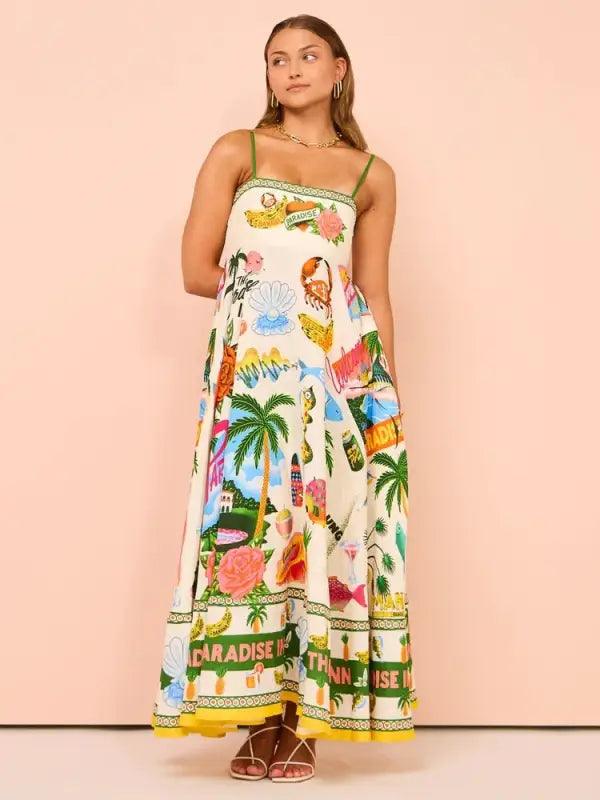 Sexy Sling Graffiti Polyester Printing Large Swing Dress - Trendy Mix