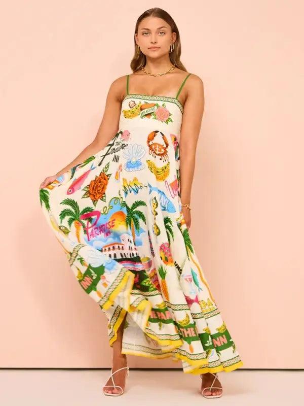 Sexy Sling Graffiti Polyester Printing Large Swing Dress - Trendy Mix