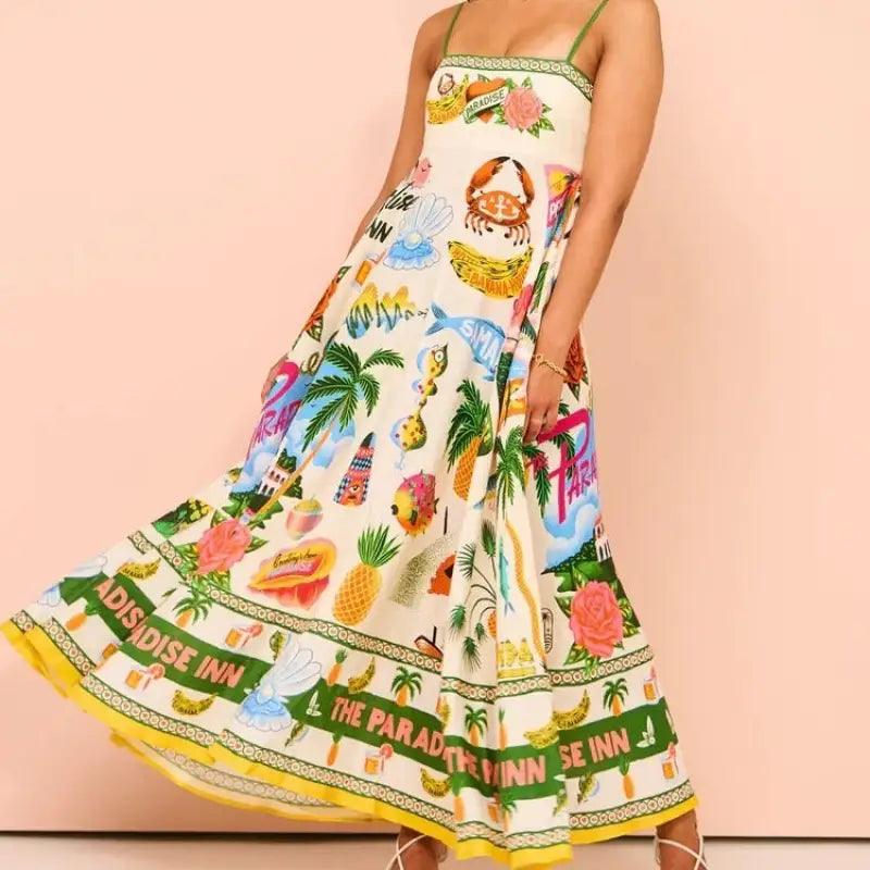 Sexy Sling Graffiti Polyester Printing Large Swing Dress - Trendy Mix