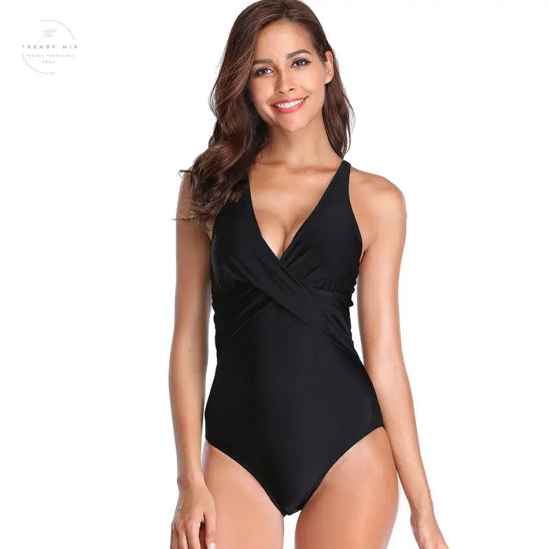 Chic Solid Color Women’s One-Piece Swimsuit - Push-Up Monokini with High Waist Design for Beach Fun - Trendy Mix