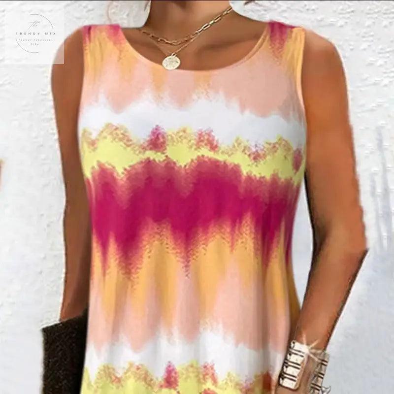 Simple Style Round Neck Edge Printed Gradient Sleeveless Zipper Pullover Vest Dress - Trendy Mix