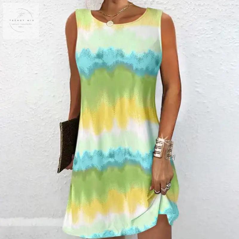 Simple Style Round Neck Edge Printed Gradient Sleeveless Zipper Pullover Vest Dress - Trendy Mix