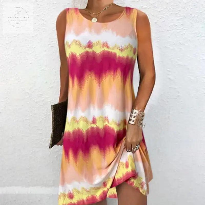 Simple Style Round Neck Edge Printed Gradient Sleeveless Zipper Pullover Vest Dress - Trendy Mix