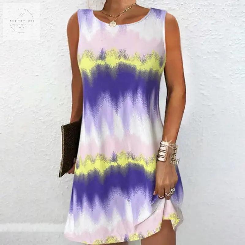 Simple Style Round Neck Edge Printed Gradient Sleeveless Zipper Pullover Vest Dress - Trendy Mix