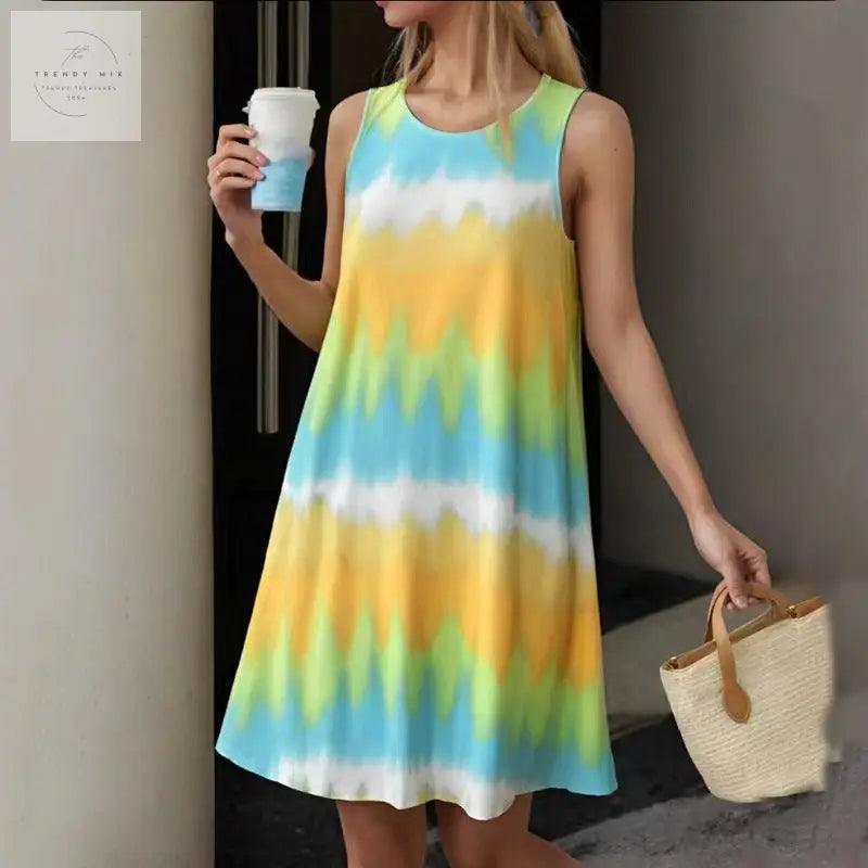 Simple Style Round Neck Edge Printed Gradient Sleeveless Zipper Pullover Vest Dress - Trendy Mix