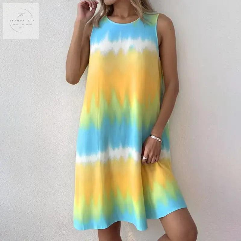 Simple Style Round Neck Edge Printed Gradient Sleeveless Zipper Pullover Vest Dress - Trendy Mix