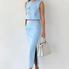 Slim Fit Sleeveless Top Straight Skirt Suit - Trendy Mix