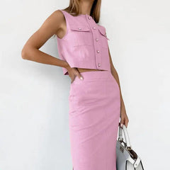 Slim Fit Sleeveless Top Straight Skirt Suit - Trendy Mix