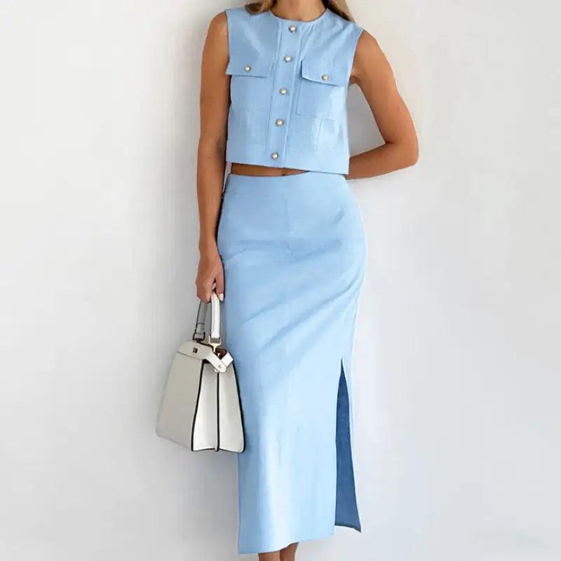 Slim Fit Sleeveless Top Straight Skirt Suit - Trendy Mix