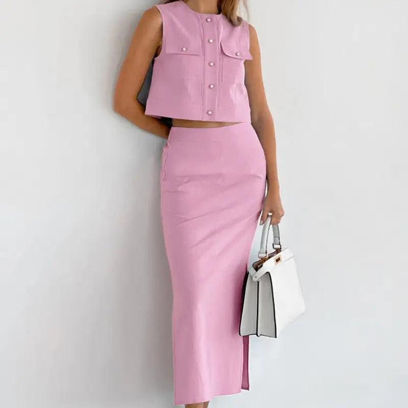 Slim Fit Sleeveless Top Straight Skirt Suit - Trendy Mix