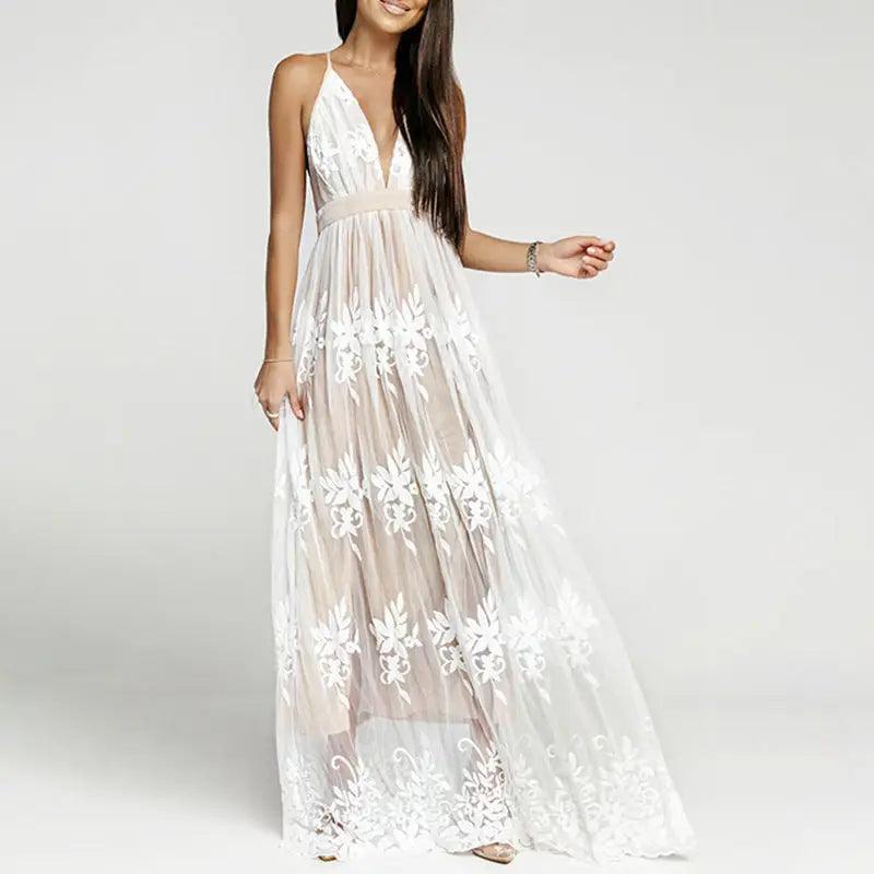 Sling Deep v Mesh Embroidered Dress - Trendy Mix