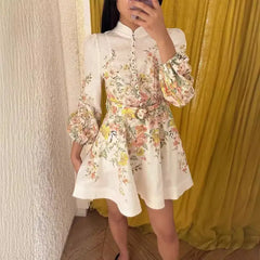 Stand Collar Single-breasted Lantern Sleeve Positioning Printing Dress Women - Trendy Mix