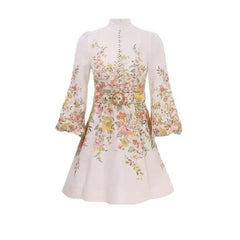 Stand Collar Single-breasted Lantern Sleeve Positioning Printing Dress Women - Trendy Mix