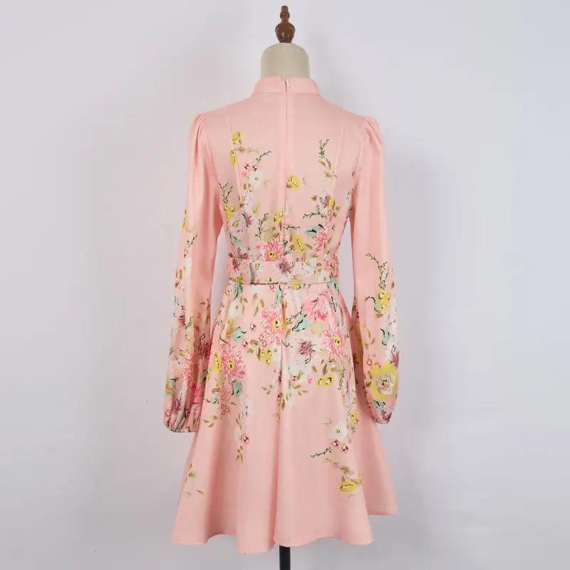 Stand Collar Single-breasted Lantern Sleeve Positioning Printing Dress Women - Trendy Mix